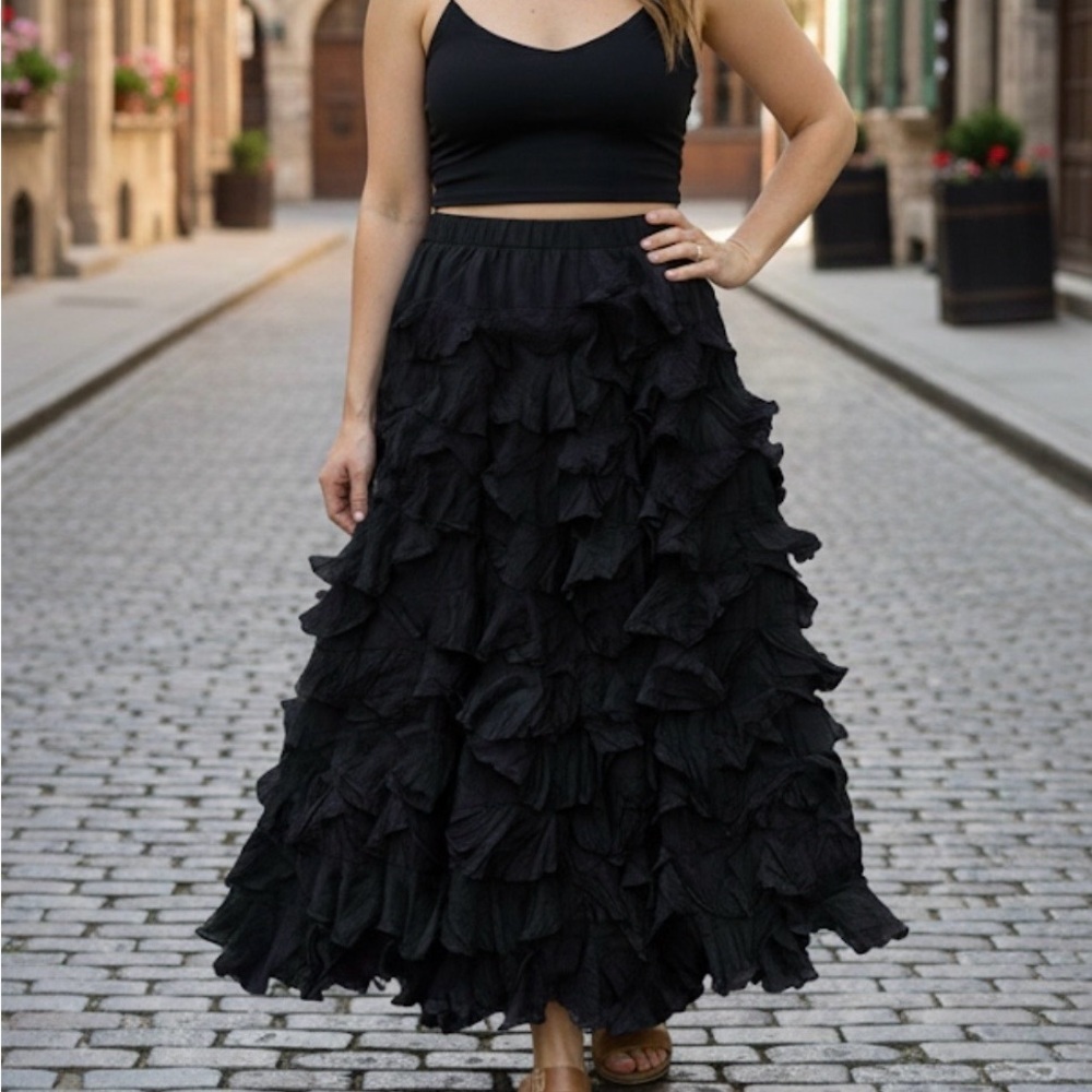Chan Luu Black Layered Maxi Skirt Sz M 100%Silk